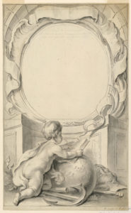Image features drawing showing an ornamental frame surrounding a central blank oval. In the foreground, a putto holds a book and globe, and nearby lie an anchor, axe, baton and Sir Walter Raleigh's head. Please scroll down to read the blog post about this object.