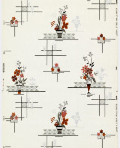 Image features a modernist wallpaper design with vases of stylized flowers against a white background. Please scroll down to read the blog post about this object.