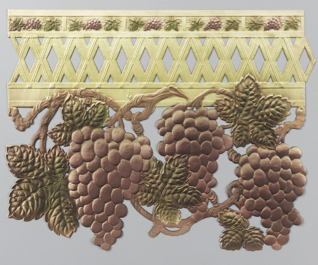 Image shows a wallpaper border that is embossed and die-cut paper with an image of grapes hanging from a trellis. Please scroll down for further information on this border paper.