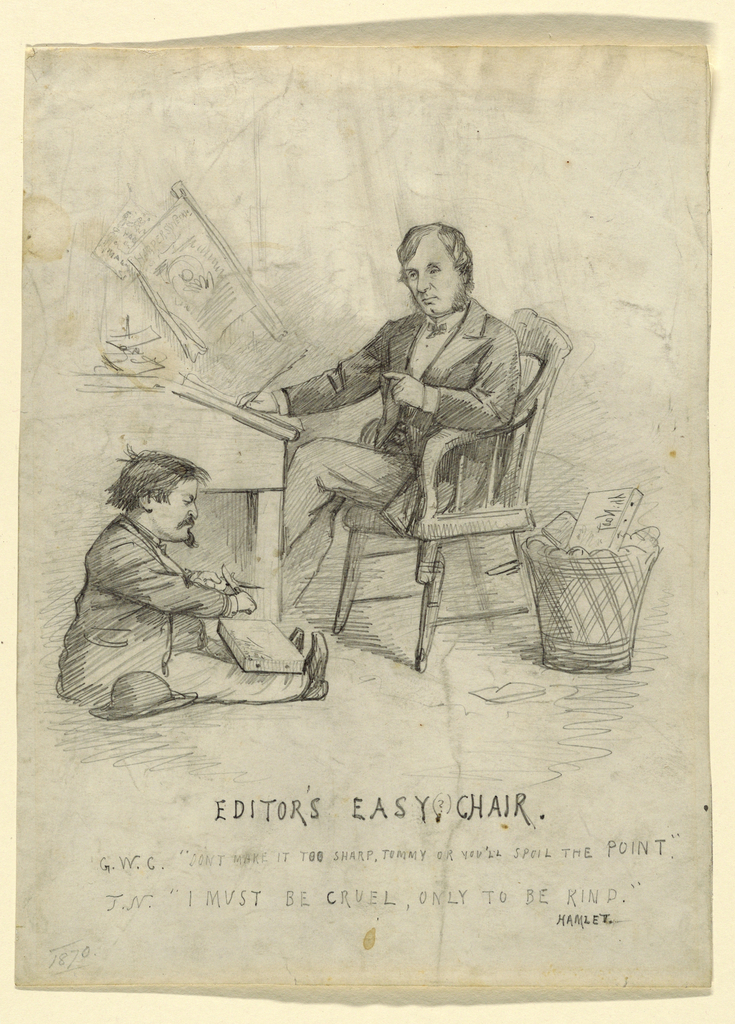 Image features a cartoon of Thomas Nast and George Curtis in the 'Harper's Weekly' editor's office. Please scroll down to read the blog post about this object.