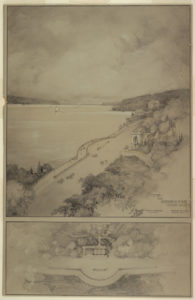Image features a drawing of Inspiration Point, Riverside Drive with cars and pedestrians. Please scroll down to read the blog post about this object.
