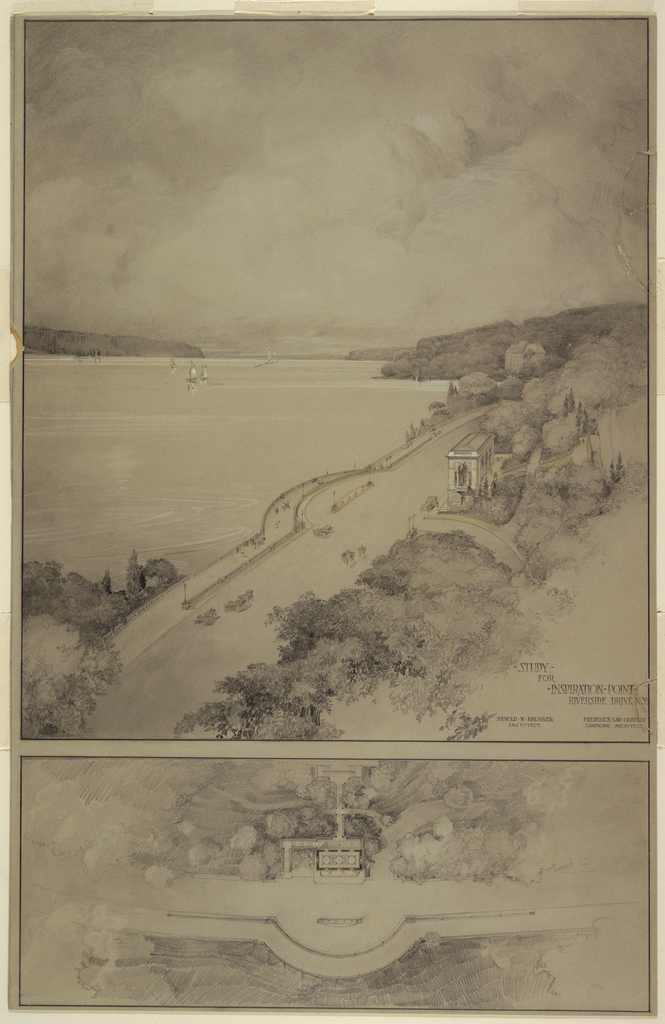 Image features a drawing of Inspiration Point, Riverside Drive with cars and pedestrians. Please scroll down to read the blog post about this object.