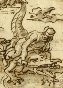Detail of man sitting astride a crocodile, forcing a stick between its jaws