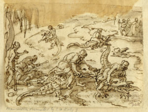 Image features a drawing in pen and brown ink, bistre wash, and charcoal on laid paper. Five men are seated astride crocodiles. Two of the crocodiles are in the Nile and three of them are at the bank on the left. Two more heads of crocodiles emerge from the water. One spectator stands at left under a tree. More people are shown on the other bank. Please scroll down to read the blog post about this object.
