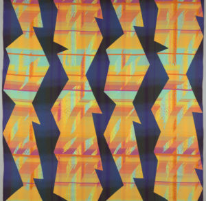 Image features a Length of woven textile in which jagged columns of blue/black alternate with areas in which a brushstroke-like pattern appears on a subtly graded ground of red, pink, yellow, and light blue. Please scroll down to read the blog post about this object.
