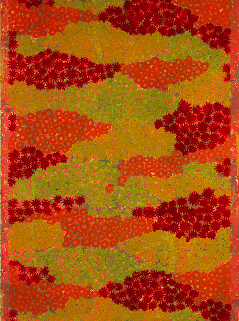 Image features a brightly colored wallpaper printed with flock. Please scroll down to read the blog post about this object.