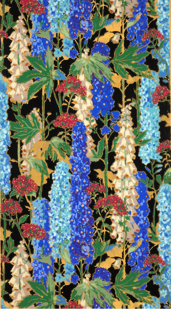 Image features a floral wallpaper with dense pattern of delphiniums against a black background. Please scroll down to read the blog post about this object.