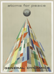 Image features a poster depicting a triangle made up of colored blocks with a black circle at the top with atomic symbol; above: atoms for peace; lower margin: GENERAL DYNAMICS. Please scroll down to read the blog post about this object.