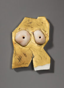 Image features matte gold brooch with coral accents in the form of an abstracted female torso. Please scroll down to read the blog post about this object.