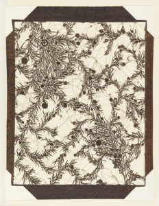 Rectangular sheet composed of multiple layers of mulberry paper. A design of clumps of juniper branches and leaves with scattered berries of varying sizes is created by cutting away most of the ground leaving the positive of the design. The interstices of the design are supported by strands of human hair.