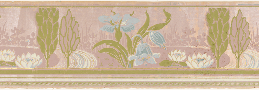 Image features a wallpaper border with a rural scene of a small pond surrounded by flowers. Please scroll down to read the blog post about this object.