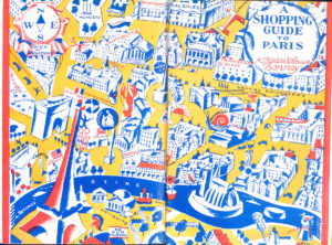 Image features Illustrated map of Paris on the book jacket for "A shopping guide to Paris". Please scroll down to read the blog post about this object.