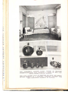 Black and white photographs of a salon interior and perfume bottles by Lanvin.