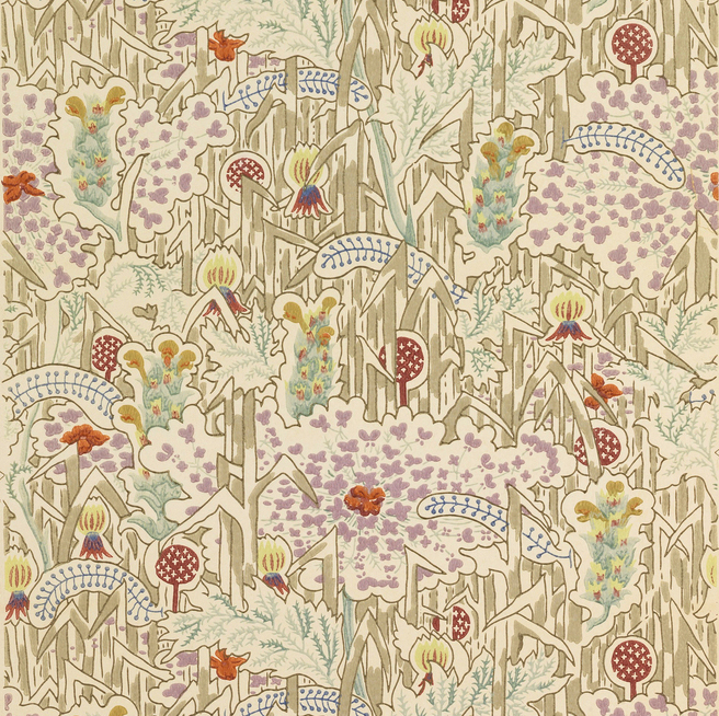 Image features wallpaper with a dense floral pattern with stylized flowers and strong vertical stems. Please scroll down to read the blog post about this object.