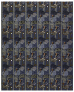 Image features: Rows of ten images related to the history of digital culture, including a portrait of Jacquard, punch cards, a guillotine, an automaton, a design for a prosthetic hand, and microchip, binary code. Predominately woven in shades of blue, grey and brown with metallic gold and silver. Please scroll down to read the blog post about this object.