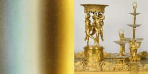 A combined image of objects from upcoming exhibitions. On the left, a gold and blue textile. On the right a portion of an elaborate gold plated table centerpiece designed in the 1800s for the French royal table.