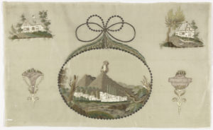 Central cartouche with Mount Vesuvius and Pompei surrounded by rural scenes and trophies. This embroidery was from the pattern book of Johann Friedrich Netto, Zeichen-Mahler und Stickerbuch, Zweiter Theil, Leipzig 1798.