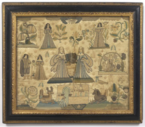 In center, two women holding a shield or crest, surrounded by various figures. Top center, the sun; to the left, a fruit tree and a woman holding a snake; to the right, a flowering vine and a woman holding a flower. Bottom center an old man leaning on a staff; to left a man and woman; to right a woman and two children under an arbor.