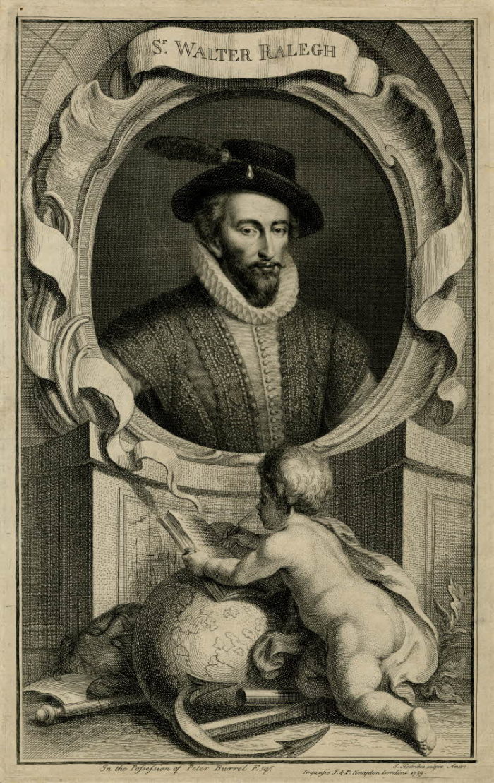 Bust-length portrait of Sir Walter Raleigh, looking right, within an ornamental frame. In the foreground, a putto holds a book and globe, and nearby lie an anchor, axe, baton and Sir Walter's head.