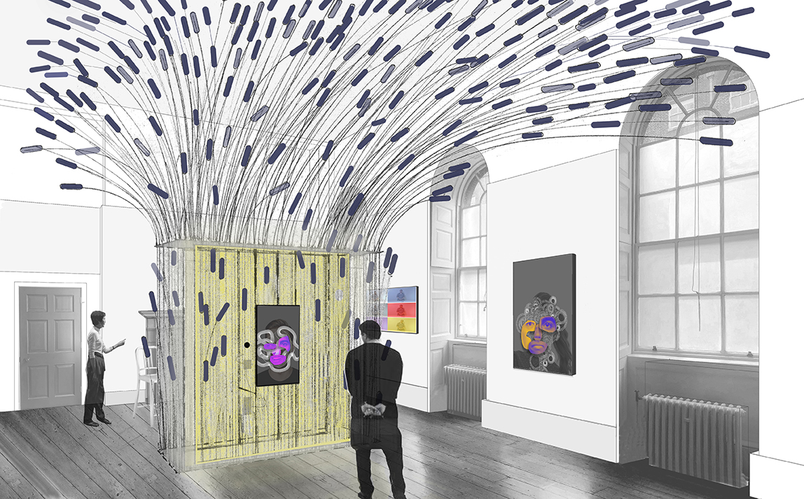 Rendering of the exhibition design for Face Values.