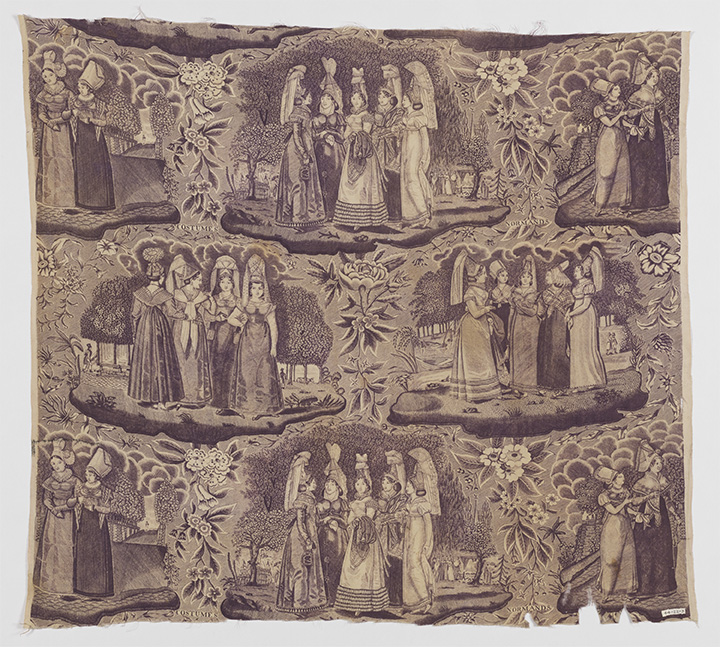 Image features a fabric printed with four vignettes with groups of women in Norman costume with large headdresses. Please scroll down to read the blog post about this object.