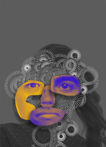 Expression Mirror, a collage image of a woman's face with facial parts like ears, mouth, and nose tinted purple and yellow placed on top of a black and white image of a woman's head. Created by Zachary Lieberman for Cooper Hewitt exhibition Face Values.