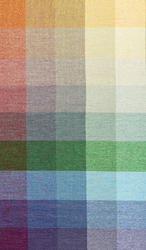 Woven blanket with a grid of squares of subtly graduated colors.