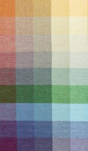 Color blanket for Hint chenille upholstery fabric, with a grid of warp and weft color combinations ranging from pastels to deep grays.