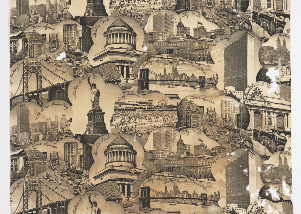 Image features a length of fabric printed with scenes of New York City landmarks, in black on off-white. Scroll down to read the blog about this object.