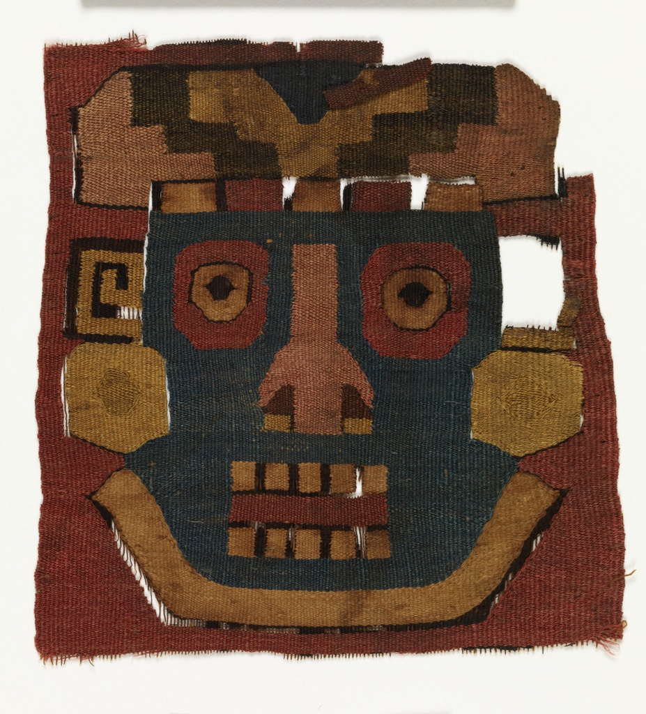 Square of woven tapestry with frontal face wearing turban and ear spools.