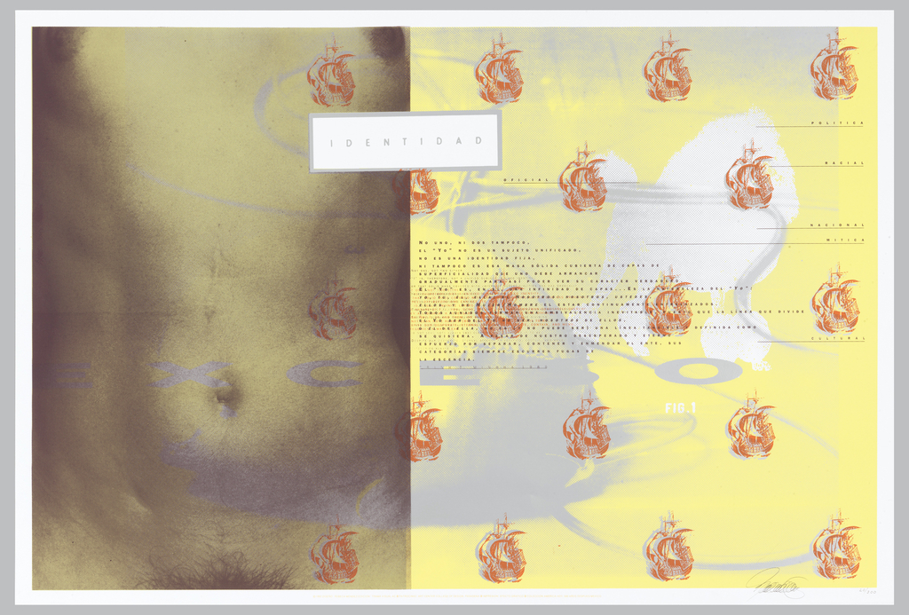 Image is bisected to left of center. At left a close up of a female torso viewed through a gray-green scrim. At right a medical apparatus in gray is seen on a yellow ground. Red and gray images of a 16th century sailing ship are scattered across sheet. At top center a white rectangle with the text