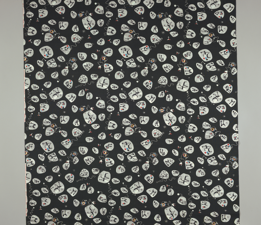 Image features: Black ground scattered with small irregular white forms with black stick figures and touches of color. Please scroll down to read the blog post about this object.