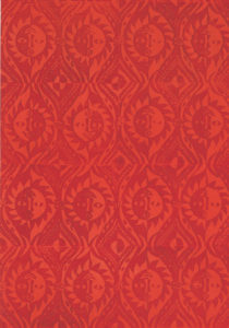 Image shows wallpaper printed with sun and moon motifs in tones of bright red. Please scroll down to read the blog post about this object.