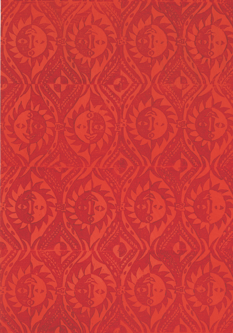 Image shows wallpaper printed with sun and moon motifs in tones of bright red. Please scroll down to read the blog post about this object.