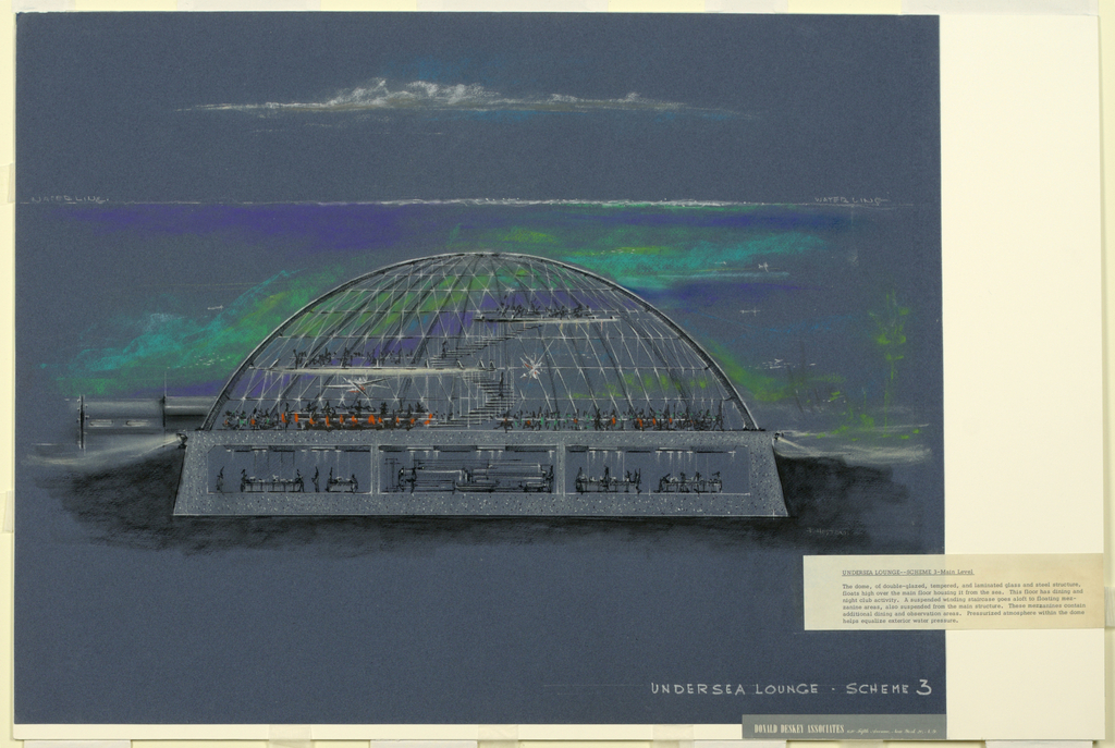 Image features a design for an undersea lounge seen in elevation. Drawing mounted on presentation board with wide margin at right, superimposed by text label. Please scroll down to read the blog post about this object.