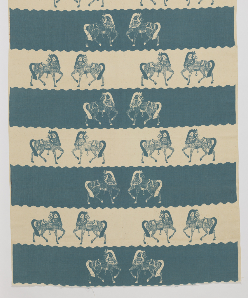 Image features: Length of printed textile with alternating aqua-blue and white stripes with scalloped edges. Stylized horses grouped in pairs are printed in the opposite colors. Please scroll down to read the blog post about this object.