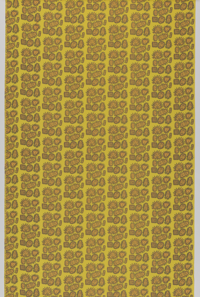 Image features: Dark yellow fabric with vertical columns of rounded geometric shapes in neat clusters, each with a zigzag border and filled with a smiling face. Each face is filled with red and orange polka dots. Please scroll down to read the blog post about this object.