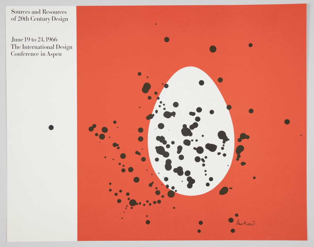 Image features poster asymmetrically bisected into two separate color fields, featuring white egg on red-orange ground at right, with uneven black splotches gravitating towards (or emanating from) it; white ground at left, with black text at top left. Please scroll down to read the blog post about this object.