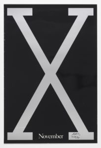 Poster for Spike Lee film, Malcolm X. Features a large grey X on a black background with [November] in small white letters at bottom. Includes a thin grey border.