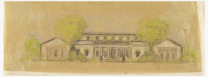 Drawing of a long, symmetrical house, dominated by rows of columns. Rendered in black and white with areas of bright green foliage.