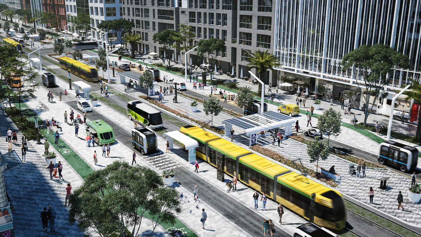 A photographic simulation of a streetscape of the future with multiple modes of public transport, people walking along expanded sidewalks, and dedicated bike lanes. Scroll down for information about the museum's upcoming exhibitions.