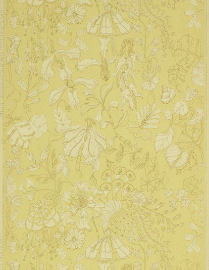 The image shows a modernist floral wallpaper printed in a monochrome yellow colorway. Please scroll down for additional information on this wallpaper.