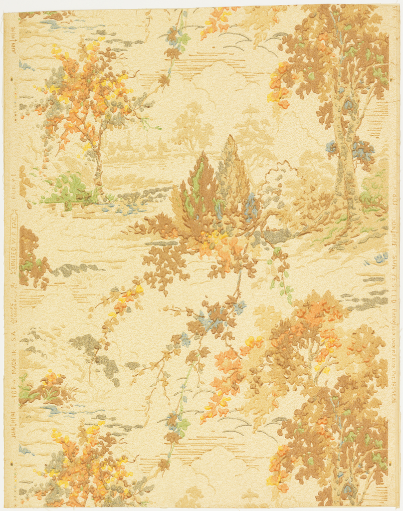 The image features a wallpaper design of a landscape scene with trees containing fall-colored leaves. Please scroll down to read the blog post about this object.