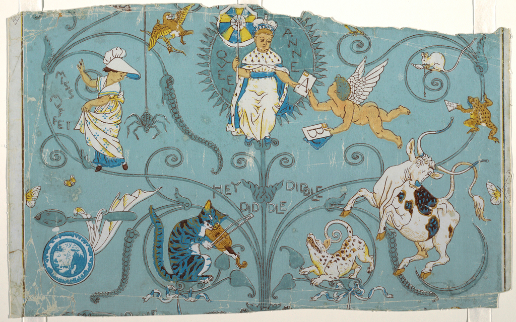Image shows a nursery wallpaper with images from different rhymes. Please scroll down to read the blog post about this object.