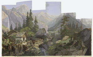 Image shows multi-panel scenic wallpaper of alpine scene, in sequence left to right. a) Nine cows before two huts. Large waterfall; b) Five cows before stone-based hut; c) Ten cows crossing bridge over waterfall, large single rock above cows; d) River landscape with distant valley. Six spruce trees in foreground, with berries and blossoms in immediate foreground; e) Clearing with single tree. Two goats, f) Rocky landscape with cap-like peak on horizon. Single thin tree in upper third of panel. Please scroll down to read the blog post about this object.