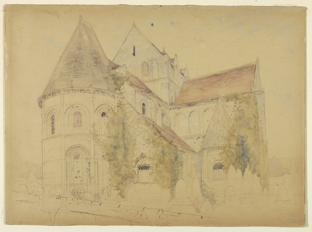 Image features a French Romanesque church, drawn in graphite, with touches of watercolor to indicate the colors of rooftops, trees, etc. Please scroll down to read the blog post about this object.