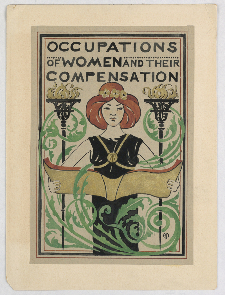 Image features an unpublished title page design for the book, Occupations of Women and Their Compensation. Please scroll down to read the blog post about this object.