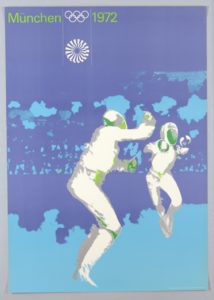 Image features two fencers in the midst of a sparring match, created as part of the poster campaign for the Munich Olympics of 1972.