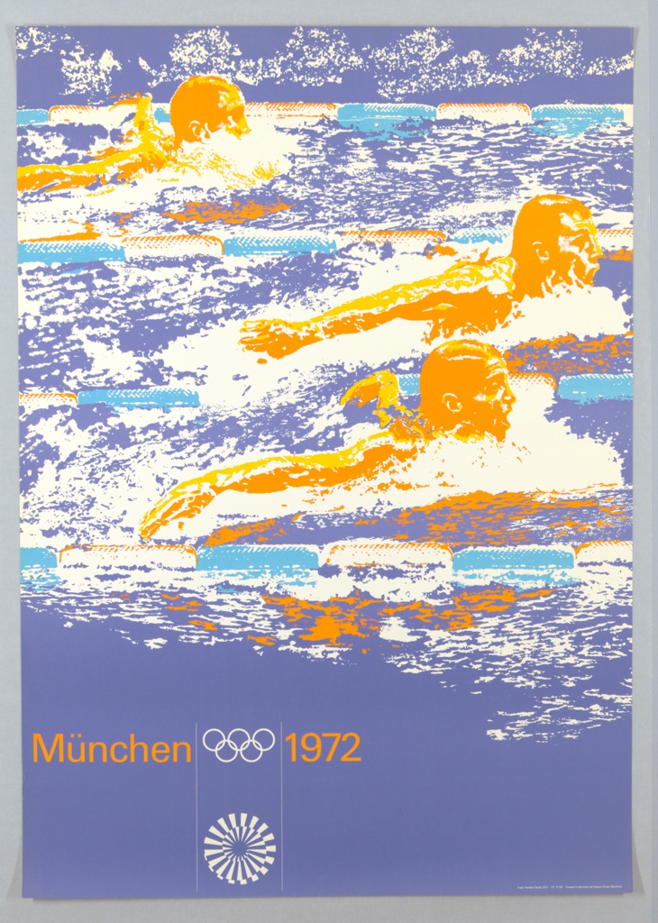 Image features three swimmers in the midst of a race, rendered in oranges and blues. The poster is for the Munich Olympic Games of 1972. Please scroll down to read the blog post about this object.