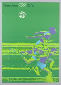 Image features three runners in the midst of a race, created as part of the poster campaign for the Munich Olympics of 1972.